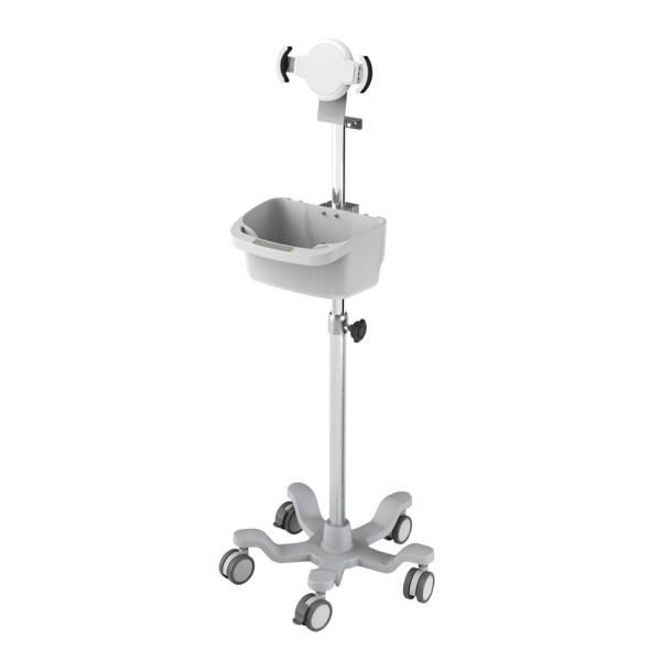 Pojízdný stojan s držákem tabletu/ipadu a plastovým zásobníkem